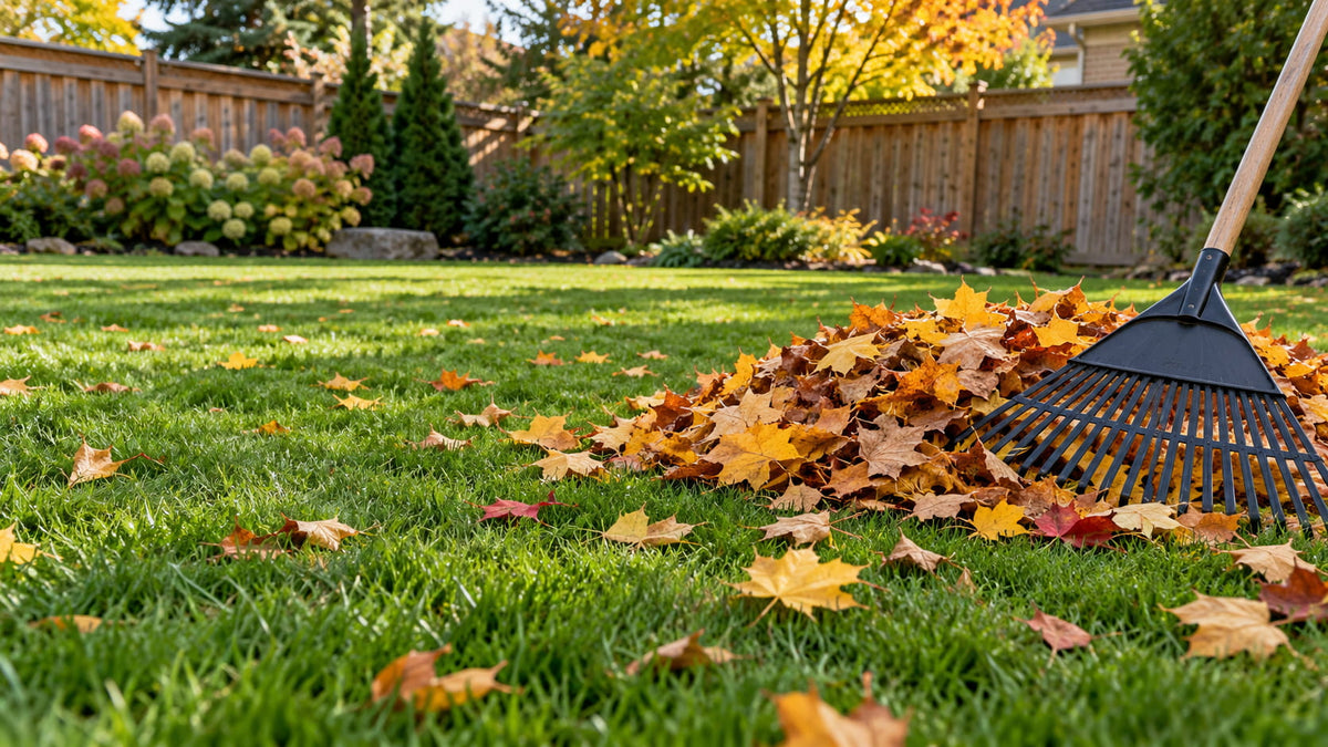 Rake and a large pile of fall leaves on a green lawn in Ontario